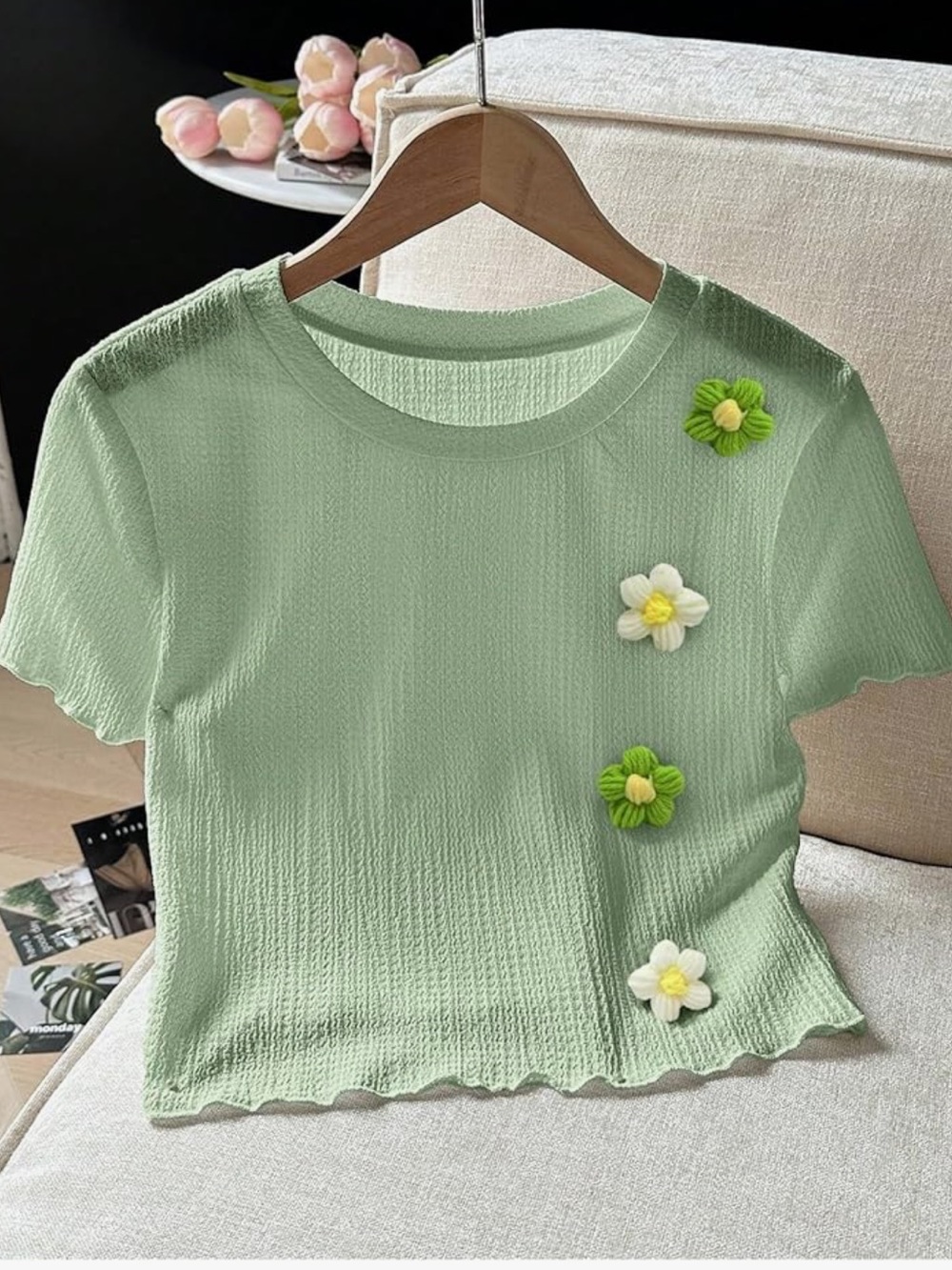 Chic Nation Mint Green Floral Appliqué Crop Top